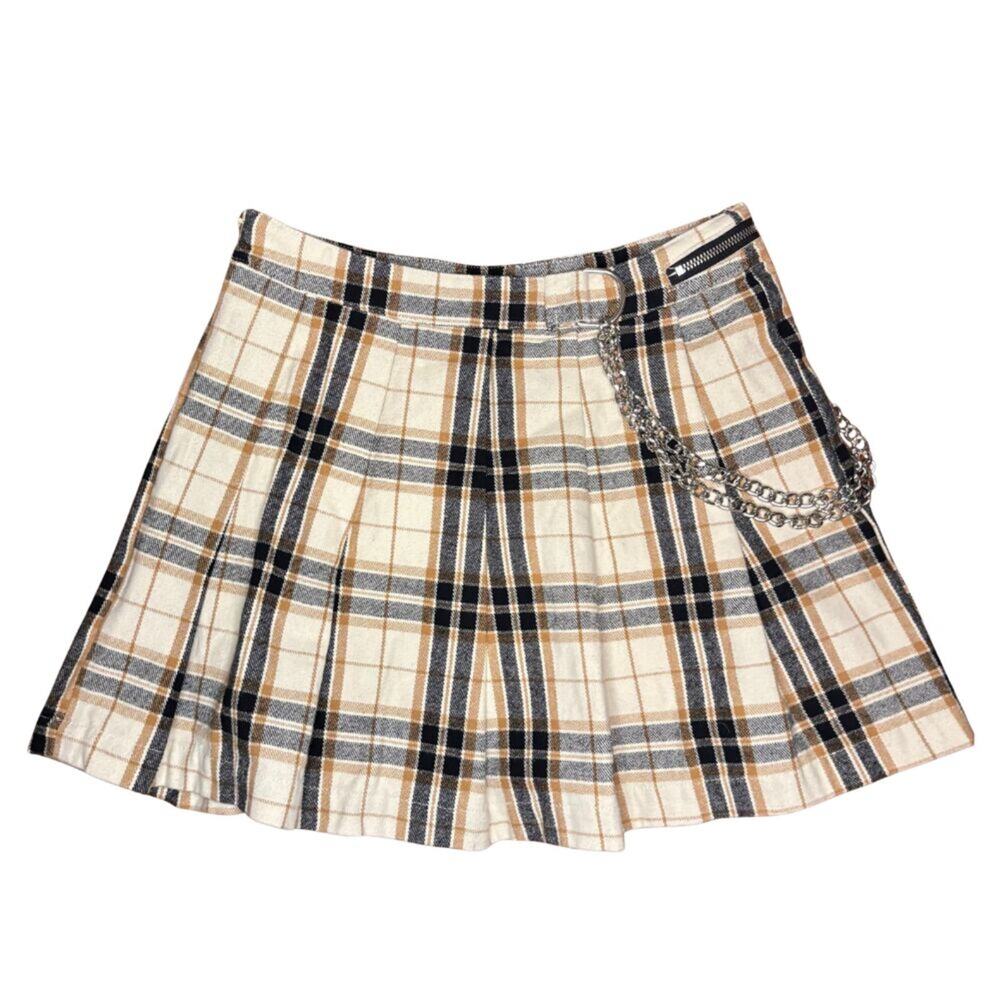Forever 21 Plaid Pleated Mini Skirt Chain Detail Tan Black Cream Medium Y2K Alt